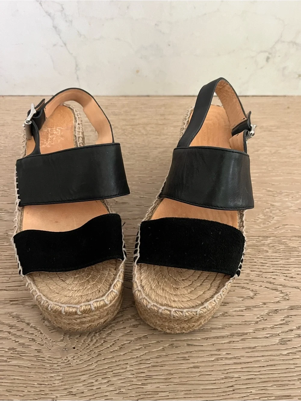 rag & bone Black Espadrille Platform Leather & Suede Sandals with Buckle Sz 4.5